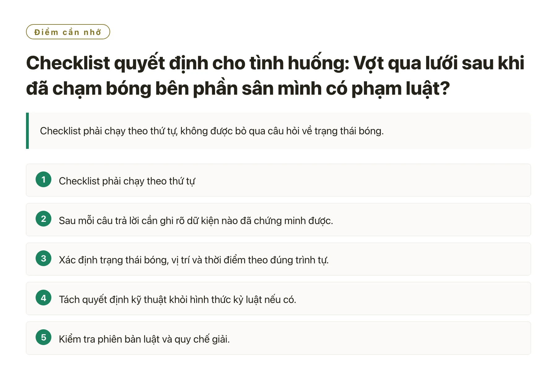 Checklist quyết định cho tình huống: Vợt qua lưới sau khi đã chạm bóng bên phần sân mình có phạm luật?——全文要点速览